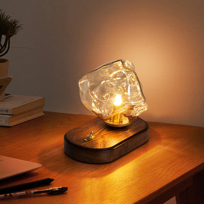 LED Glass Irregular Ice Cube Night Light Table Lamp Walnut Wood Base USB Charging Touching Adjustable Lights Projector Lights NINETY NIGHT   