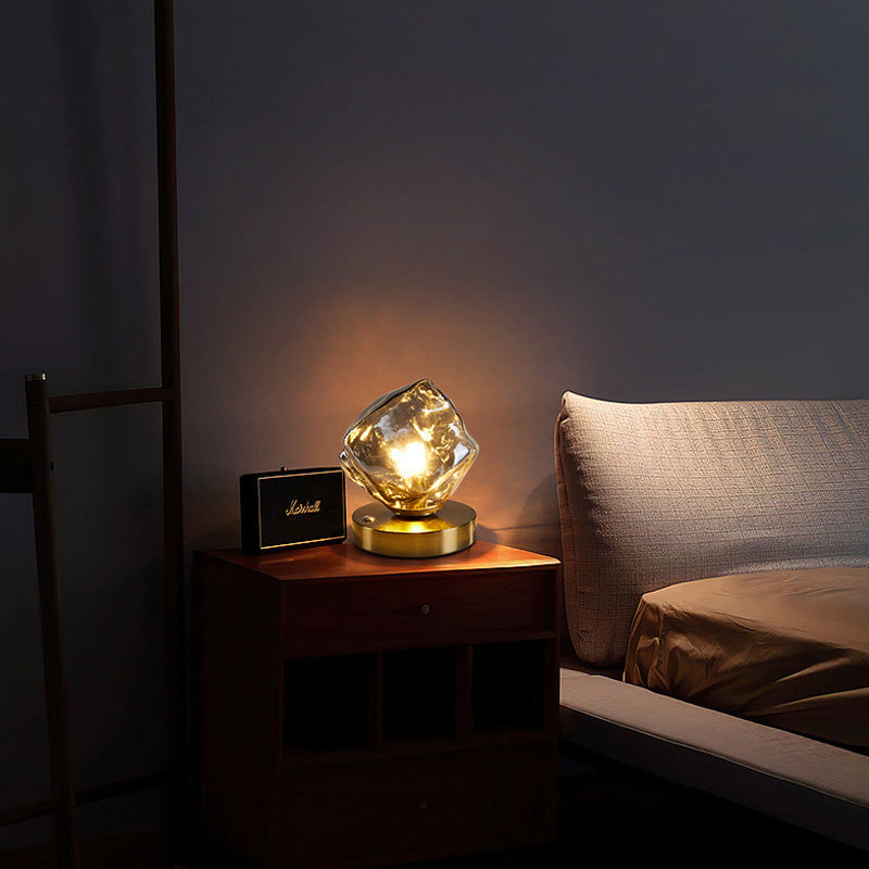 LED Glass Irregular Ice Cube Night Light Table Lamp Walnut Wood Base USB Charging Touching Adjustable Lights Projector Lights NINETY NIGHT   