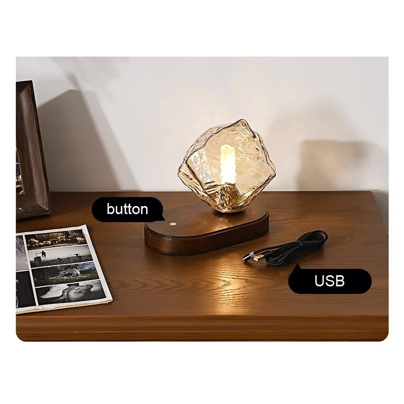 LED Glass Irregular Ice Cube Night Light Table Lamp Walnut Wood Base USB Charging Touching Adjustable Lights Projector Lights NINETY NIGHT   