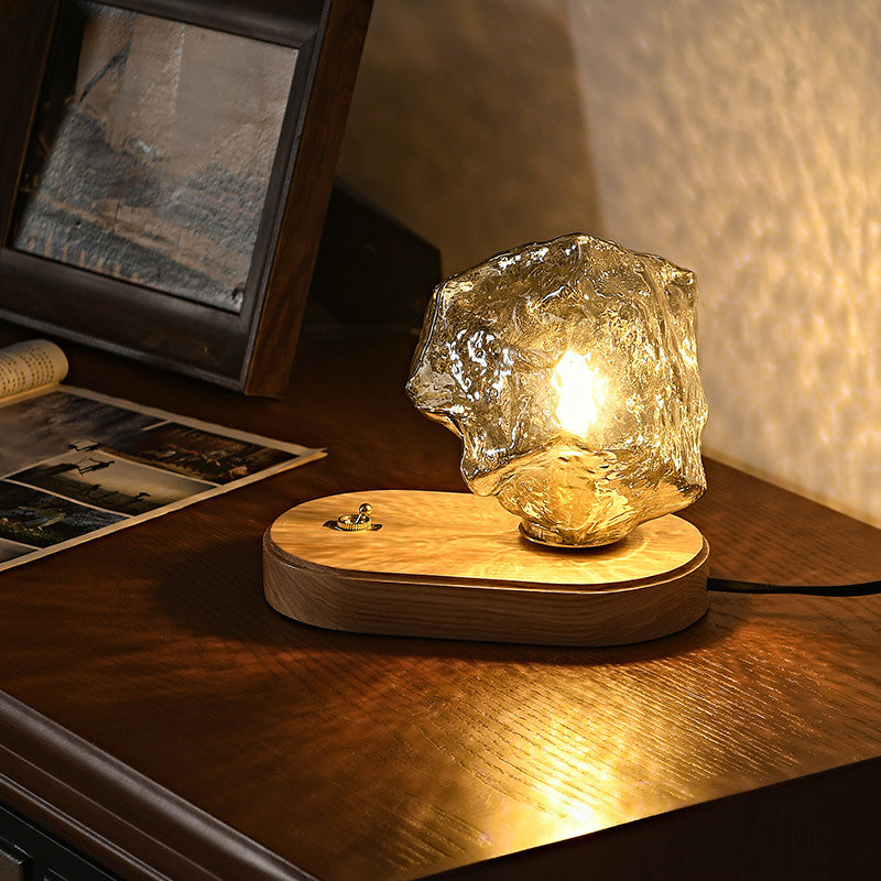 LED Glass Irregular Ice Cube Night Light Table Lamp Walnut Wood Base USB Charging Touching Adjustable Lights Projector Lights NINETY NIGHT   