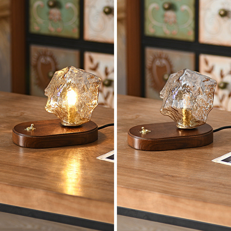 LED Glass Irregular Ice Cube Night Light Table Lamp Walnut Wood Base USB Charging Touching Adjustable Lights Projector Lights NINETY NIGHT   