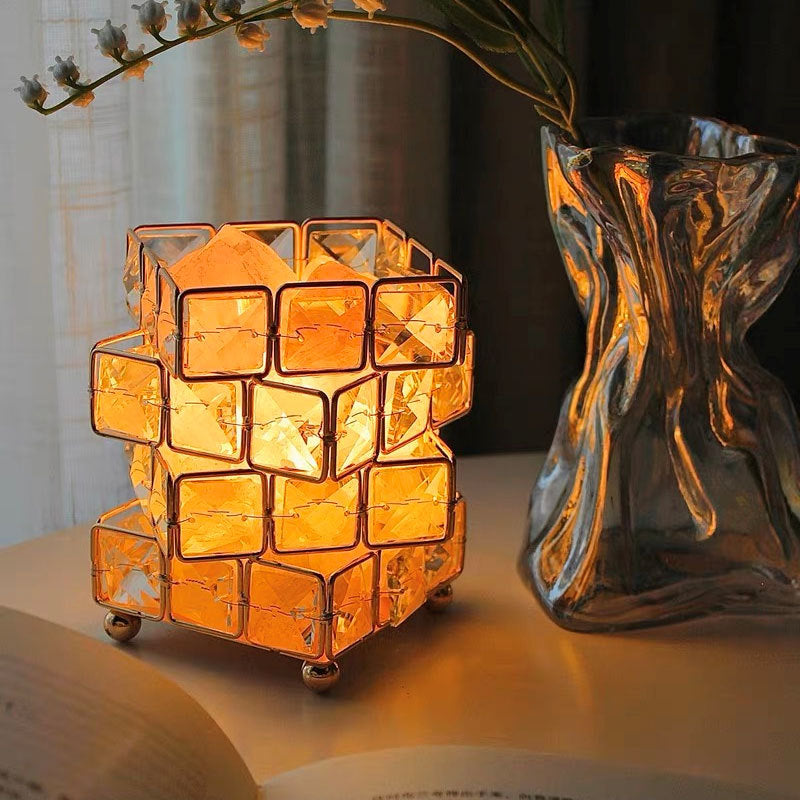 LED Glass Rubik's Cube Salt Stone Ore Night Light Table Lamp USB Charging Luxury Romantic Projector Lights NINETY NIGHT   