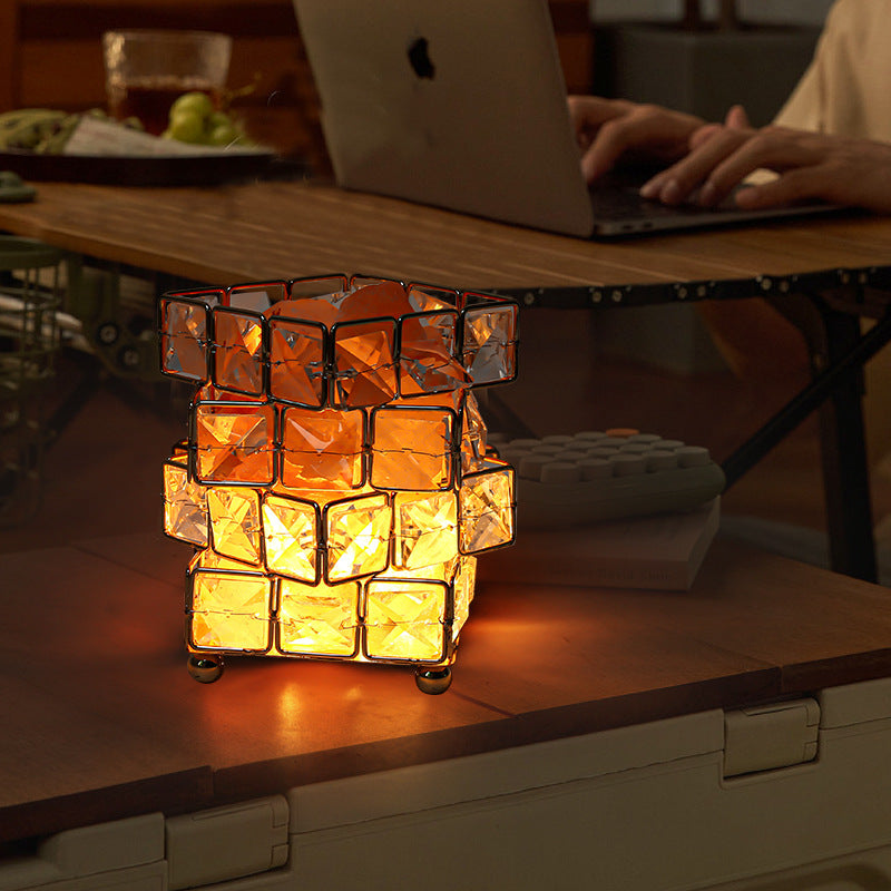 LED Glass Rubik's Cube Salt Stone Ore Night Light Table Lamp USB Charging Luxury Romantic Projector Lights NINETY NIGHT   