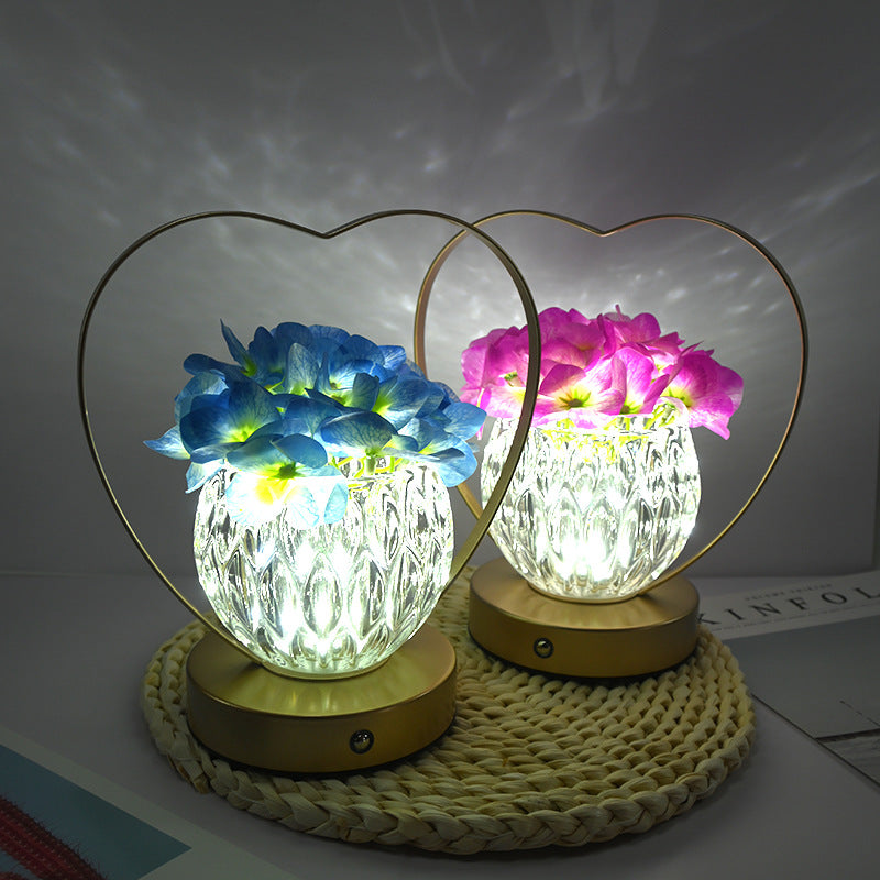 LED Camellia Flowers Hydrangea Night Light Table Lamp Glass Vase USB Charging Heart Portable Projector Lights NINETY NIGHT   