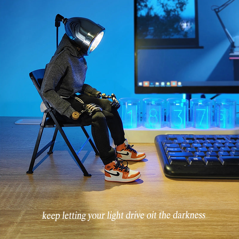 LED Night Light Sitting Cyberpunk Robert Doll With Wine Bottles Folding Chair Lamp Industrial Style For Boy Men Projector Lights NINETY NIGHT Gray Cloth  