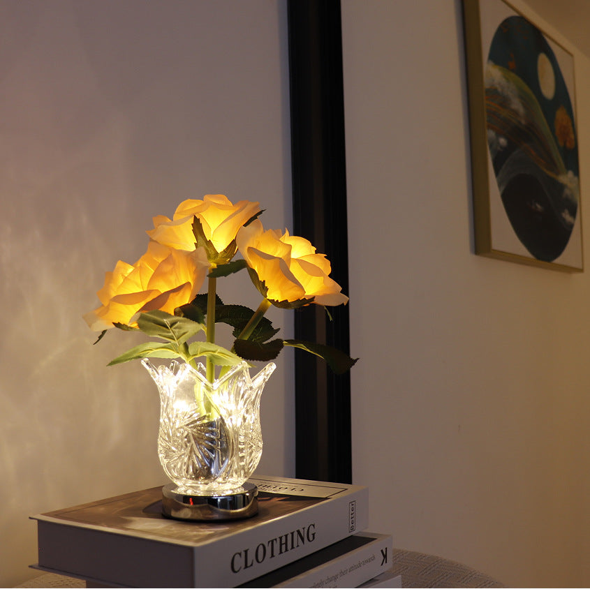 LED Rose Flowers Night Light Table Lamp Glass Vase USB Charging Adjustable Lights Projector Lights NINETY NIGHT Yellow  