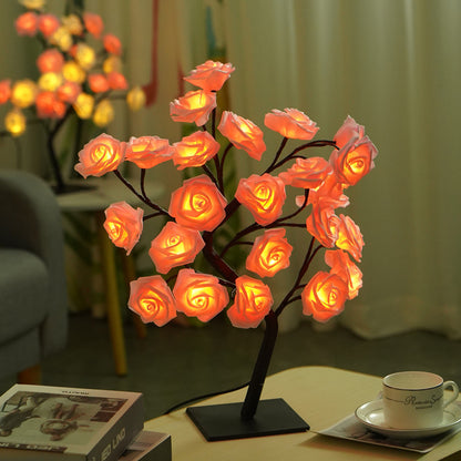 LED Rose Flower Tree Night Light Table Lamp Black Branches Base USB Charging Projector Lights NINETY NIGHT Pink  