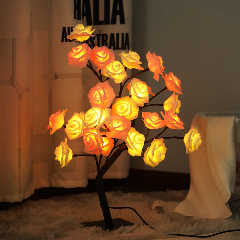 LED Rose Flower Tree Night Light Table Lamp Black Branches Base USB Charging Projector Lights NINETY NIGHT White+Pink  