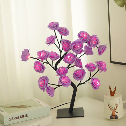 LED Rose Flower Tree Night Light Table Lamp Black Branches Base USB Charging Projector Lights NINETY NIGHT Purple  