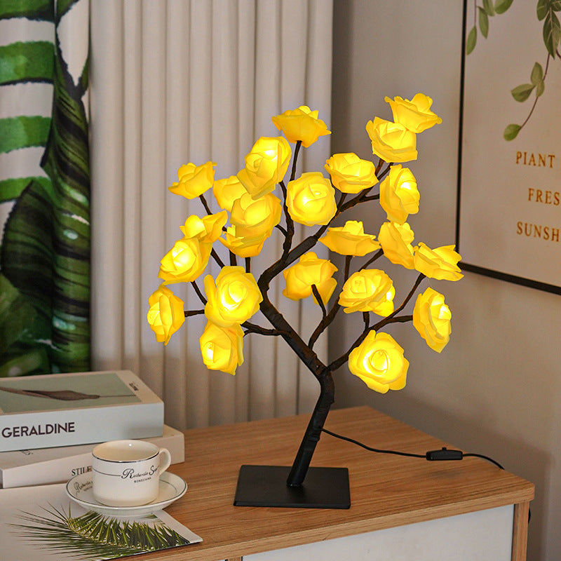 LED Rose Flower Tree Night Light Table Lamp Black Branches Base USB Charging Projector Lights NINETY NIGHT Yellow  