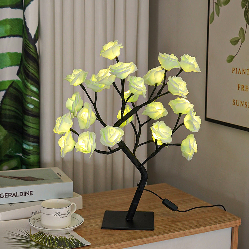 LED Rose Flower Tree Night Light Table Lamp Black Branches Base USB Charging Projector Lights NINETY NIGHT Green  