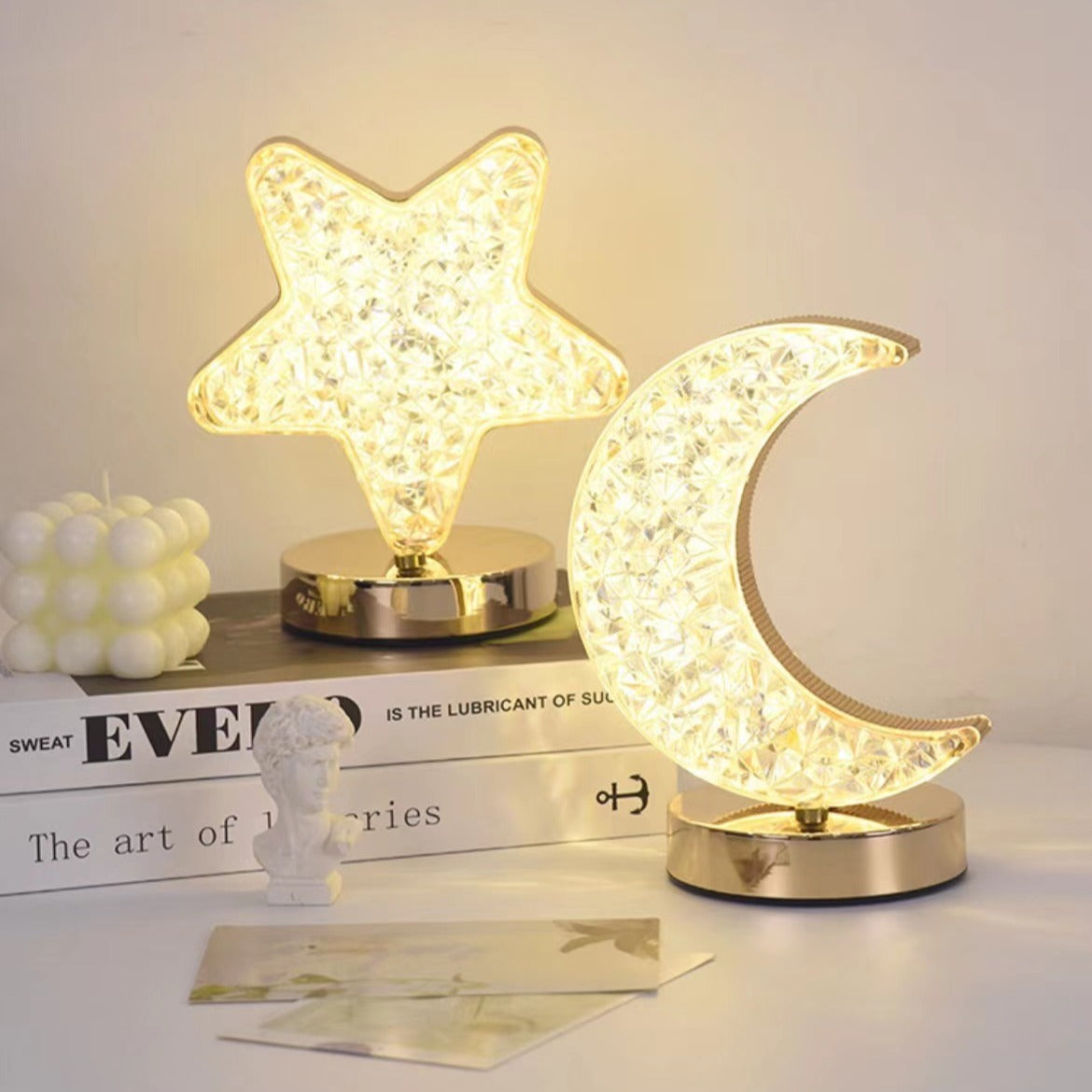 LED Moon Star Night Light Table Lamp Metal Base USB Charging Round Square Touching Adjustable Lights Projector Lights NINETY NIGHT   