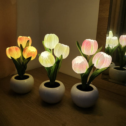 LED Three Tulip Flowers Night Light Table Lamp Ceramics USB Charging Adjustable Lights Projector Lights NINETY NIGHT   