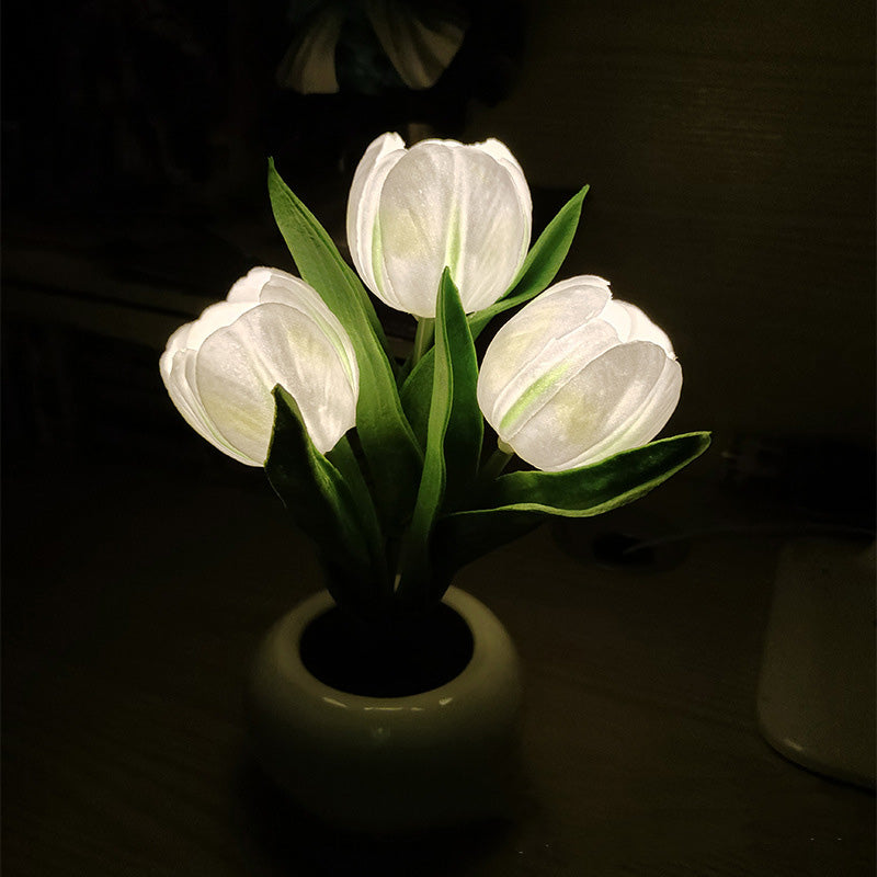 LED Three Tulip Flowers Night Light Table Lamp Ceramics USB Charging Adjustable Lights Projector Lights NINETY NIGHT   