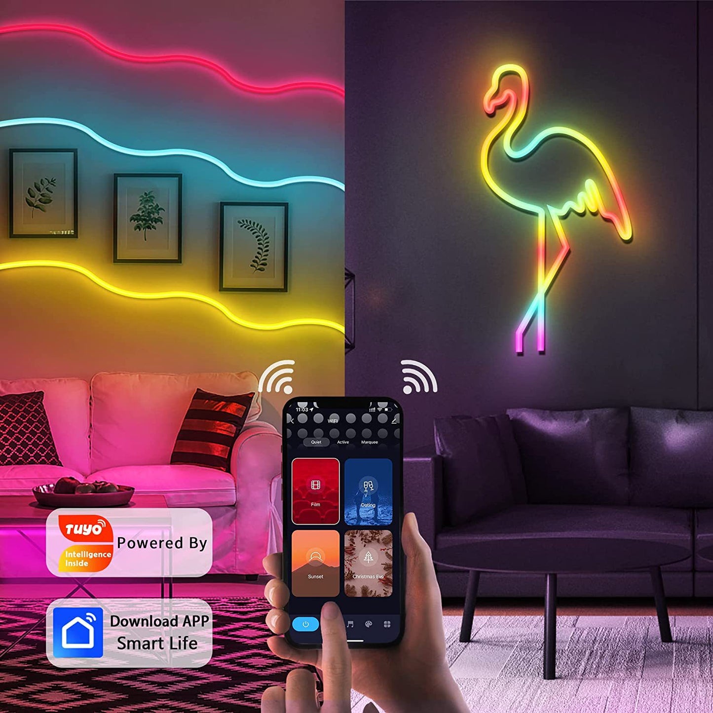 9.84FT RGB LED Strip Lights TV Backlight Neon Rope Light Multiple Colors USB Charging Bluetooth APP Control Waterproof Camping Bedroom Kitchen Cupboard Projector Lights NINETY NIGHT   