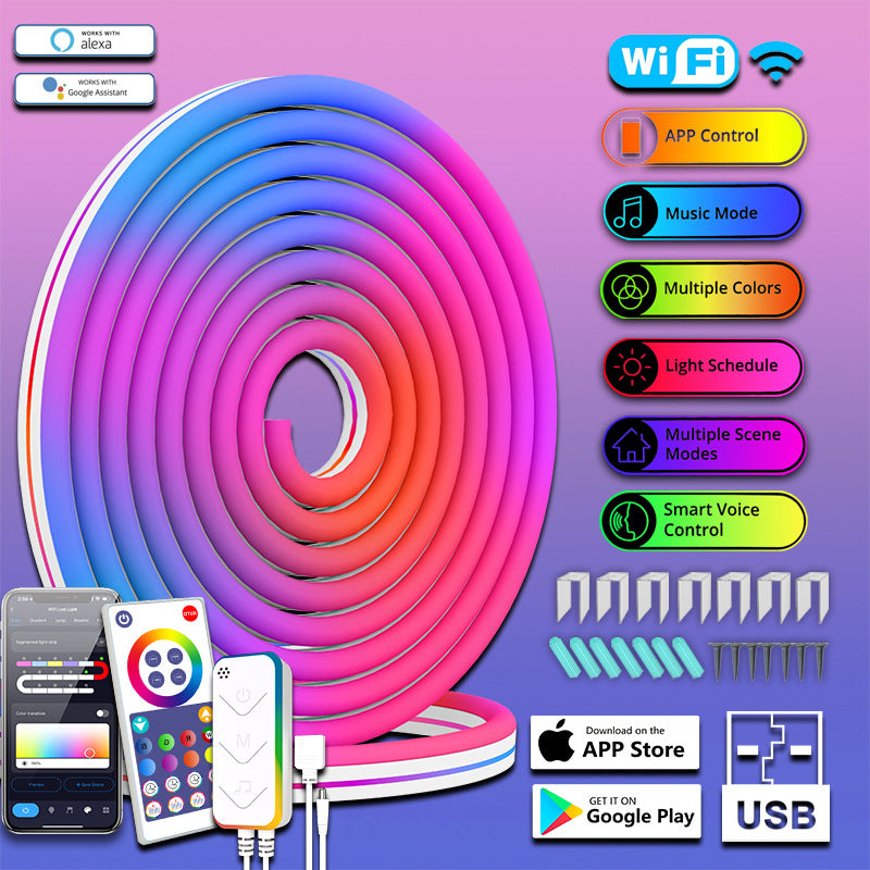 9.84FT RGB LED Strip Lights TV Backlight Neon Rope Light Multiple Colors USB Charging Bluetooth APP Control Waterproof Camping Bedroom Kitchen Cupboard Projector Lights NINETY NIGHT WIFI APP Control  